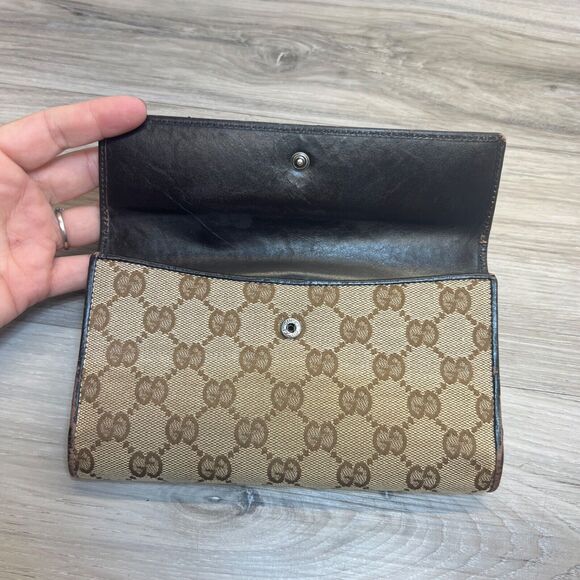 Gucci Canvas Long Wallet- Rare Brown Wood Magnet Clasp Vintage Monogram - Picture 13 of 16